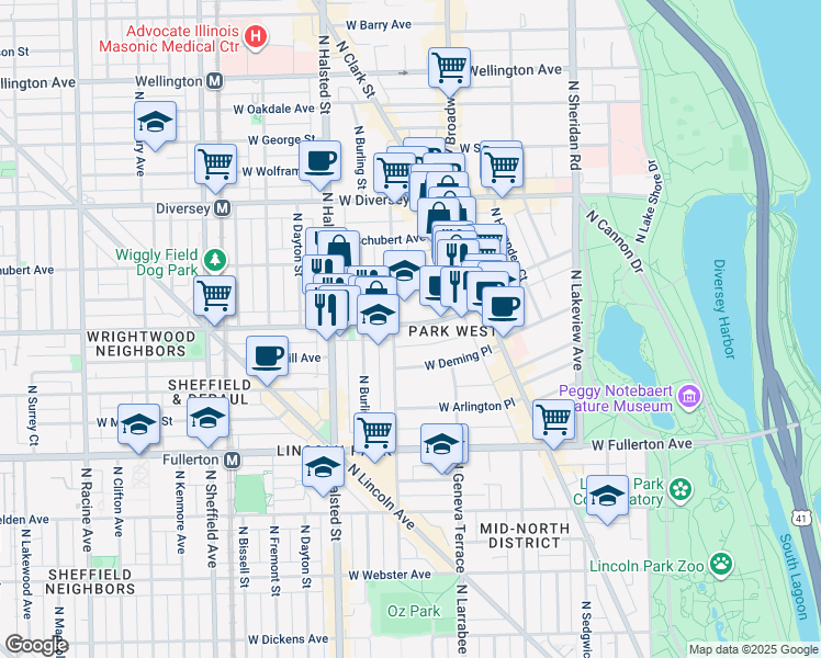 map of restaurants, bars, coffee shops, grocery stores, and more near 2610 North Orchard Street in Chicago