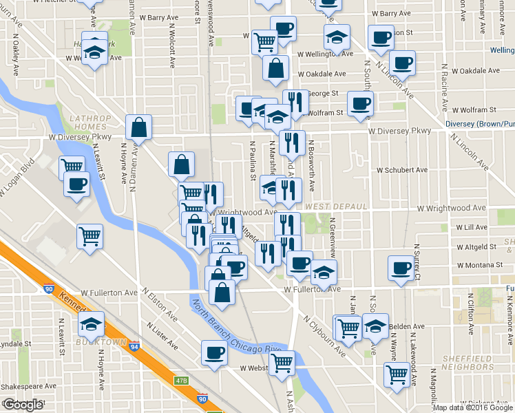 map of restaurants, bars, coffee shops, grocery stores, and more near 2627 North Paulina Street in Chicago