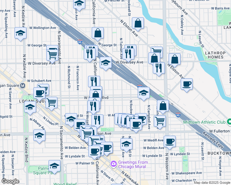 map of restaurants, bars, coffee shops, grocery stores, and more near 2626 North Talman Avenue in Chicago