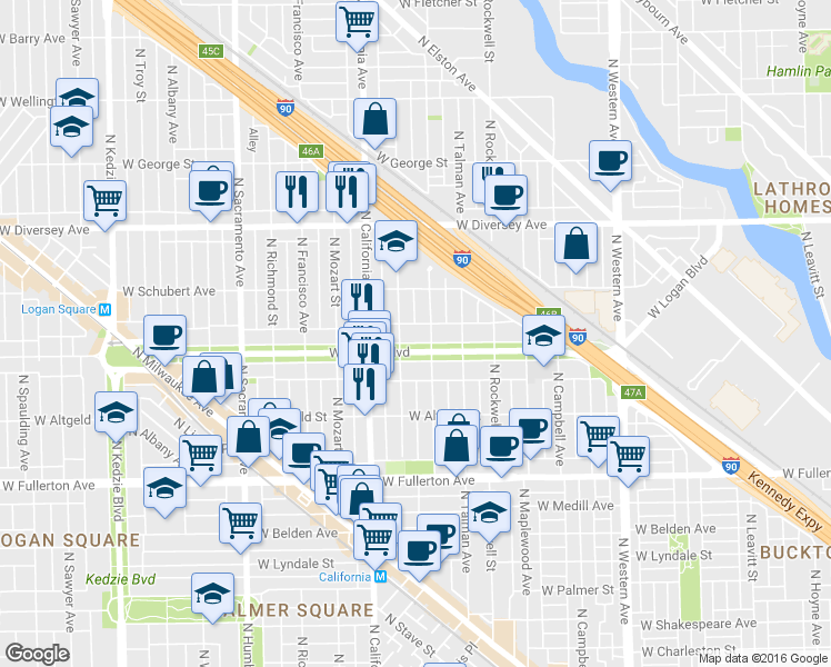 map of restaurants, bars, coffee shops, grocery stores, and more near 2623N North Fairfield Avenue in Chicago
