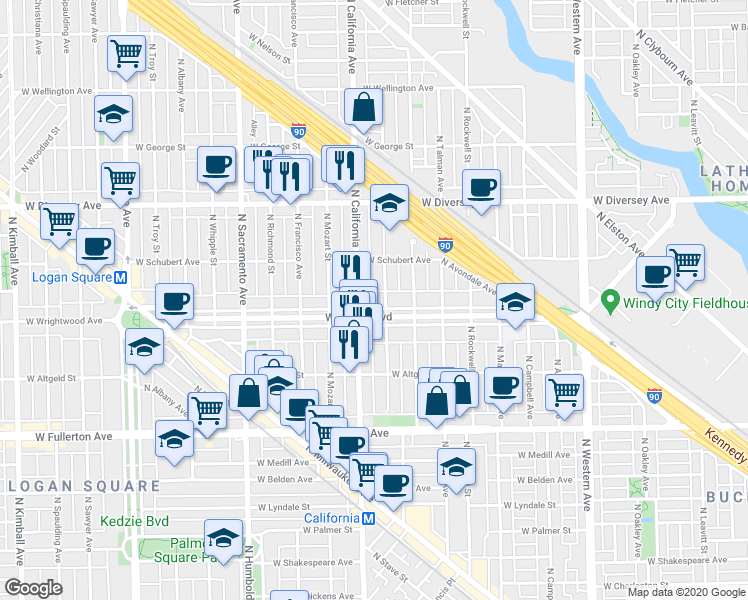 map of restaurants, bars, coffee shops, grocery stores, and more near 2623 North California Avenue in Chicago