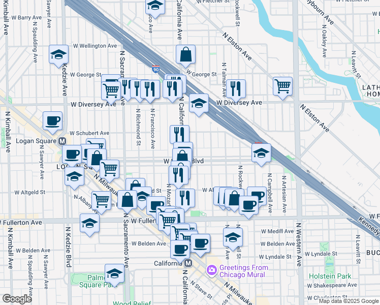 map of restaurants, bars, coffee shops, grocery stores, and more near 2623 North California Avenue in Chicago