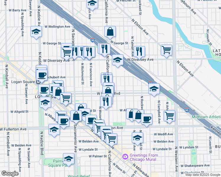 map of restaurants, bars, coffee shops, grocery stores, and more near 2623 North California Avenue in Chicago