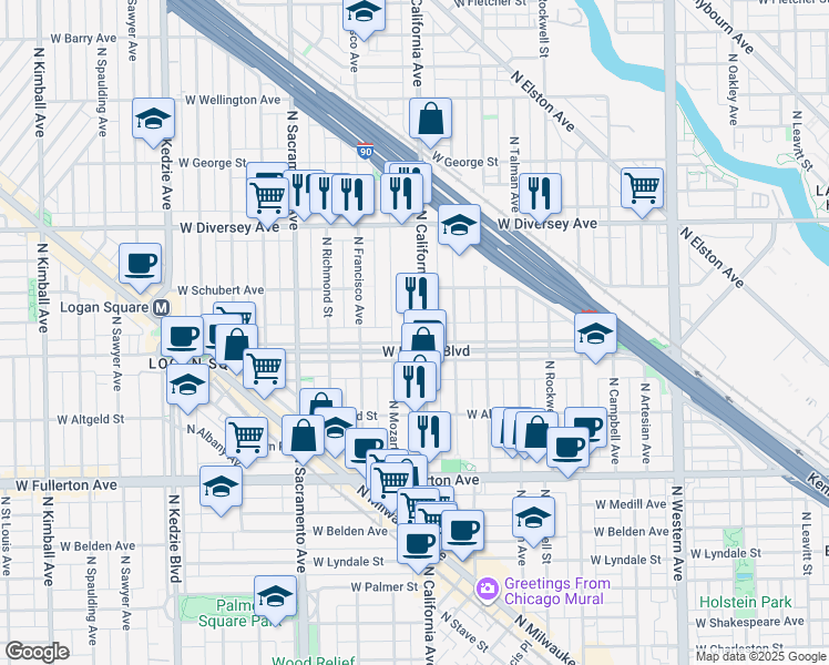 map of restaurants, bars, coffee shops, grocery stores, and more near 2623 North California Avenue in Chicago