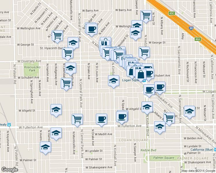 map of restaurants, bars, coffee shops, grocery stores, and more near 2636 North Kimball Avenue in Chicago