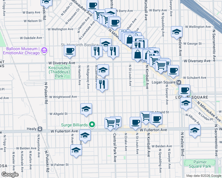 map of restaurants, bars, coffee shops, grocery stores, and more near 2641 North Central Park Avenue in Chicago
