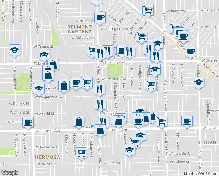map of restaurants, bars, coffee shops, grocery stores, and more near 2644 North Harding Avenue in Chicago