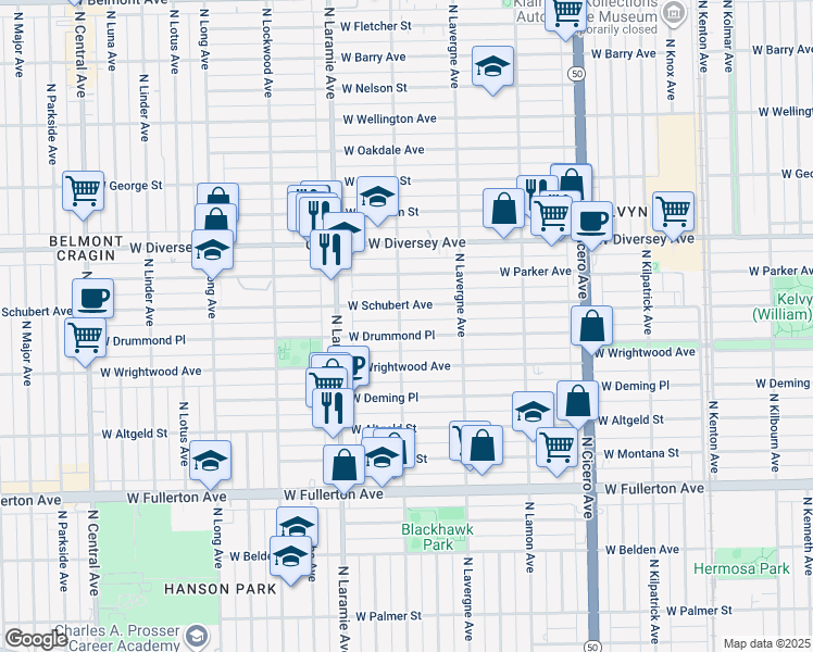 map of restaurants, bars, coffee shops, grocery stores, and more near 5041 West Schubert Avenue in Chicago