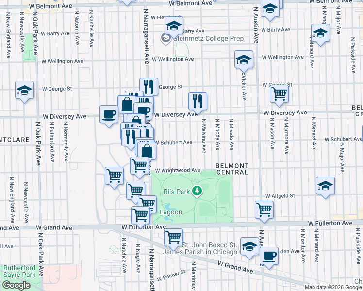 map of restaurants, bars, coffee shops, grocery stores, and more near 2707 North Mobile Avenue in Chicago