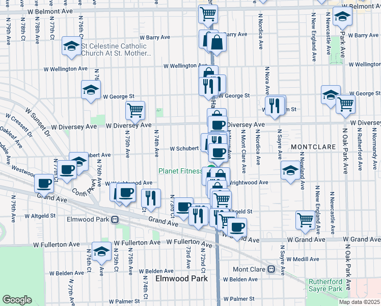 map of restaurants, bars, coffee shops, grocery stores, and more near 2705 73rd Avenue in Elmwood Park