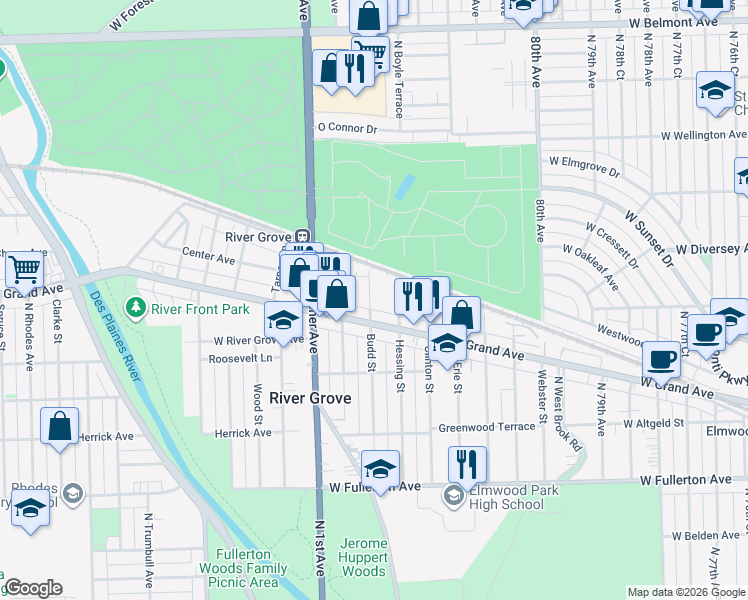 map of restaurants, bars, coffee shops, grocery stores, and more near 2724 Budd Street in River Grove