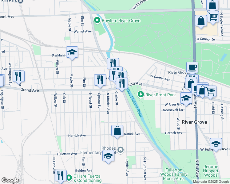 map of restaurants, bars, coffee shops, grocery stores, and more near 8836 West Grand Avenue in River Grove