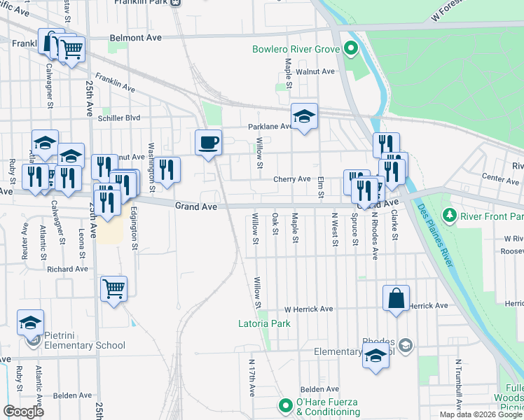 map of restaurants, bars, coffee shops, grocery stores, and more near 9151 Grand Avenue in Franklin Park
