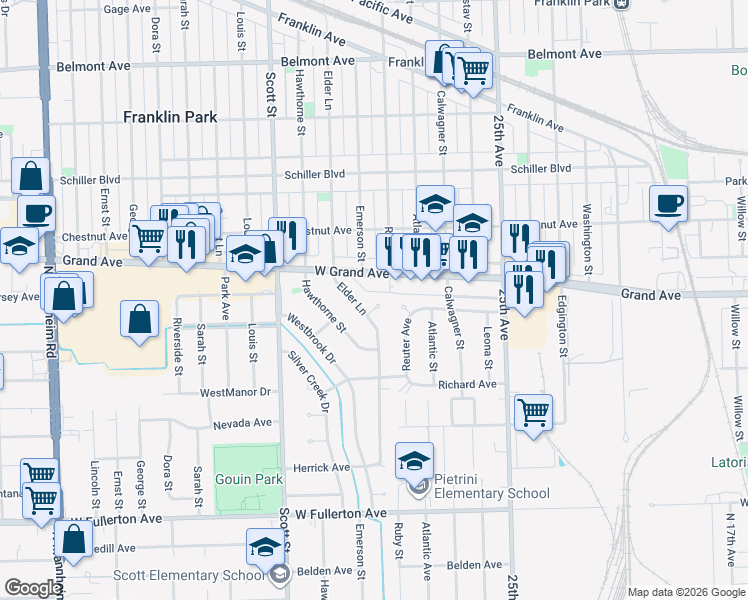 map of restaurants, bars, coffee shops, grocery stores, and more near 9847 Grand Avenue in Franklin Park