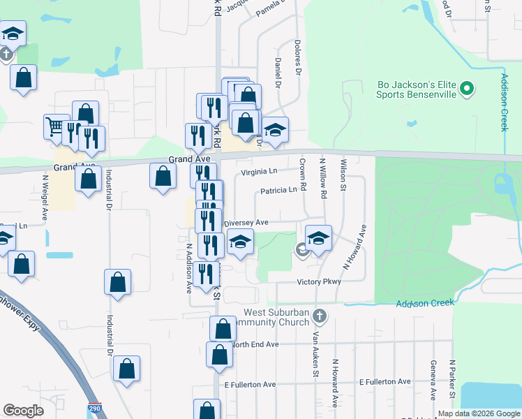 map of restaurants, bars, coffee shops, grocery stores, and more near 3N458 Patricia Lane in Elmhurst