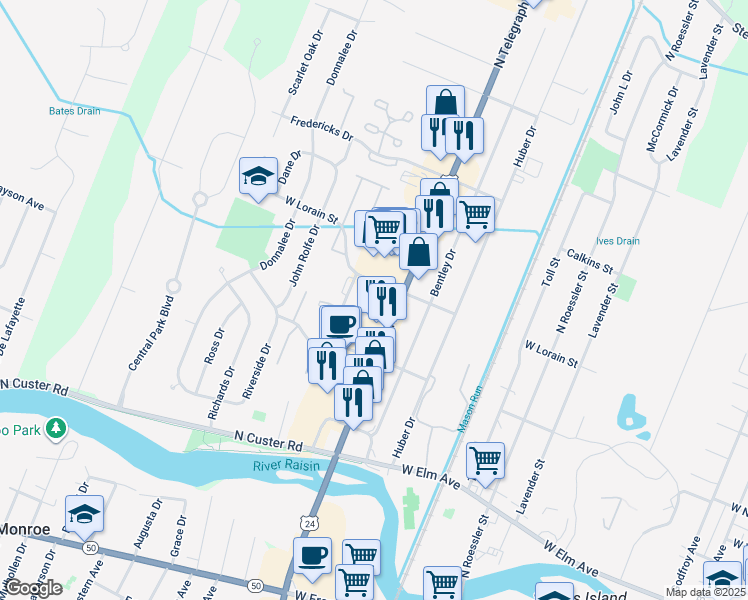 map of restaurants, bars, coffee shops, grocery stores, and more near 465 North Telegraph Road in Monroe