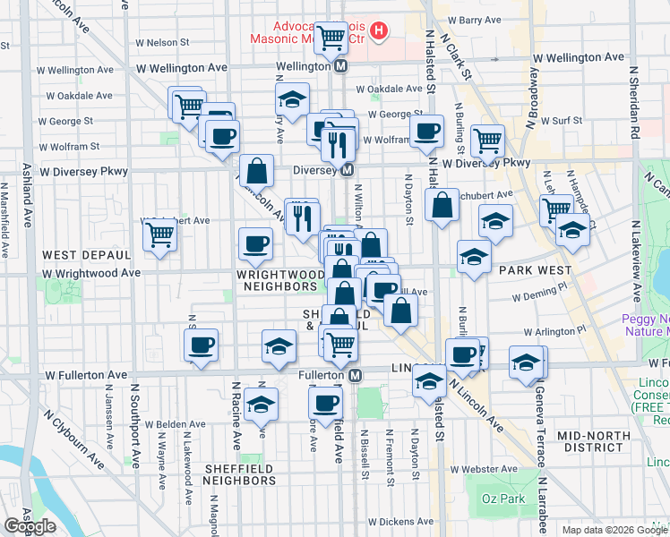 map of restaurants, bars, coffee shops, grocery stores, and more near North Lincoln Avenue & North Sheffield Avenue in Chicago