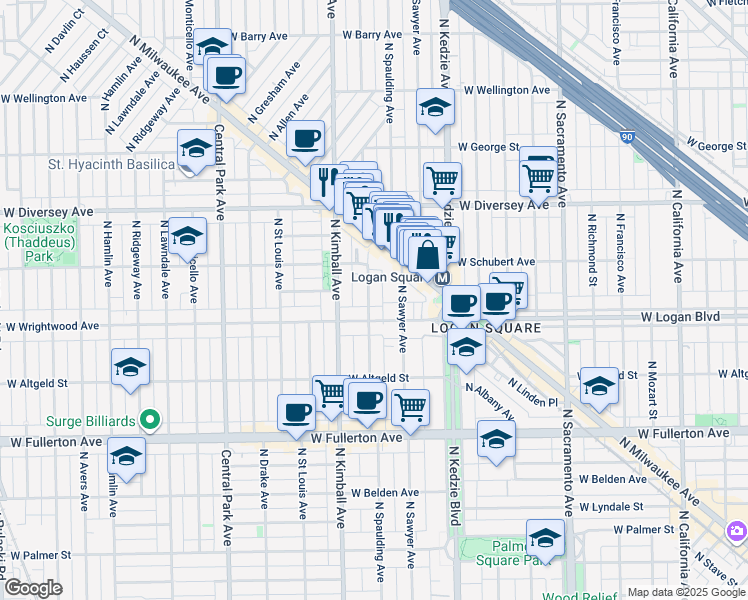 map of restaurants, bars, coffee shops, grocery stores, and more near 2634 North Spaulding Avenue in Chicago