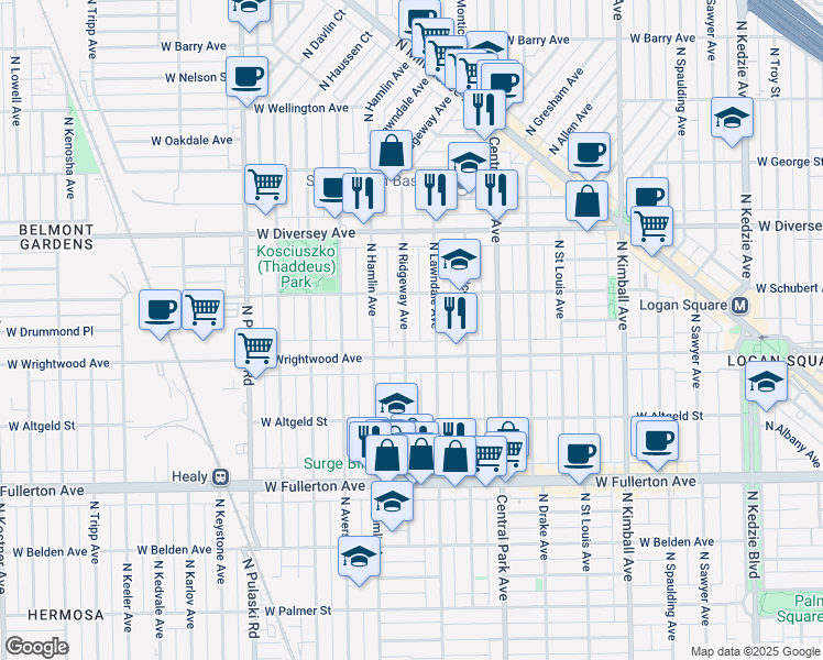 map of restaurants, bars, coffee shops, grocery stores, and more near 2625 North Ridgeway Avenue in Chicago