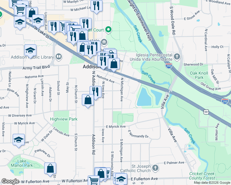 map of restaurants, bars, coffee shops, grocery stores, and more near 105 North Wisconsin Avenue in Addison