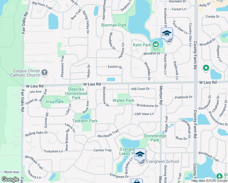 map of restaurants, bars, coffee shops, grocery stores, and more near 1187 Hill Crest Drive in Carol Stream