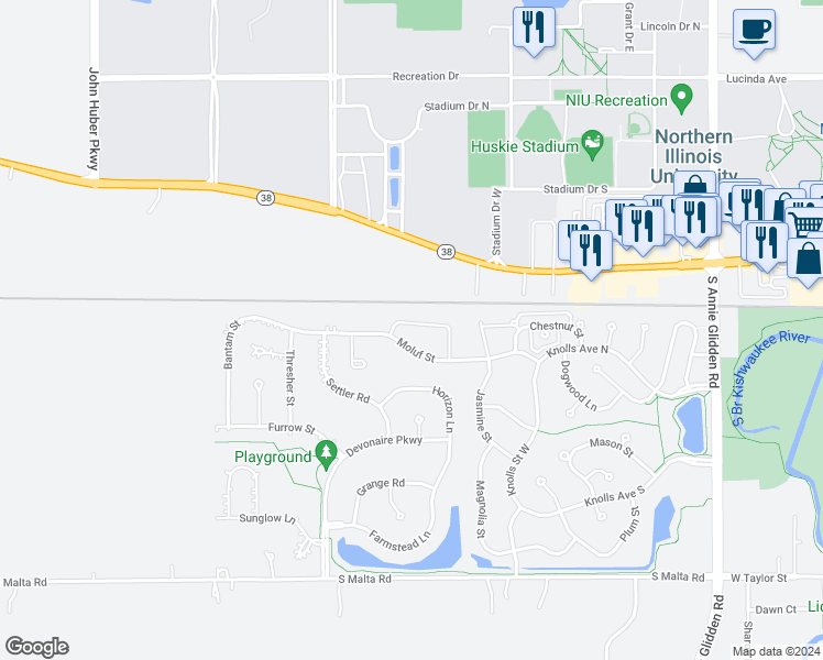 map of restaurants, bars, coffee shops, grocery stores, and more near 1520 Stonefield Drive in DeKalb