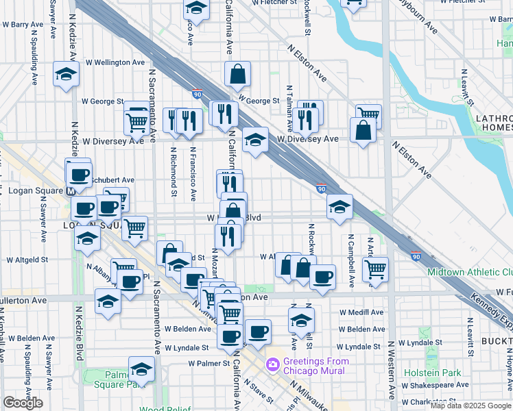 map of restaurants, bars, coffee shops, grocery stores, and more near 2623N North Fairfield Avenue in Chicago