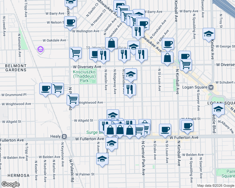 map of restaurants, bars, coffee shops, grocery stores, and more near 2640 North Lawndale Avenue in Chicago
