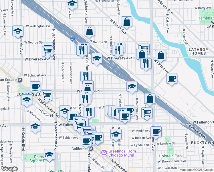 map of restaurants, bars, coffee shops, grocery stores, and more near 2626 North Talman Avenue in Chicago