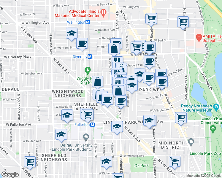 map of restaurants, bars, coffee shops, grocery stores, and more near West Wrightwood Avenue & North Dayton Street in Chicago