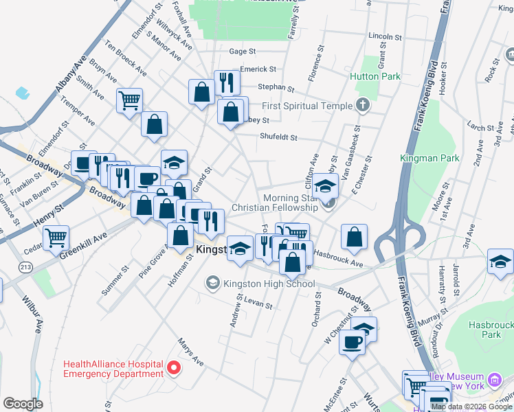 map of restaurants, bars, coffee shops, grocery stores, and more near 95 Foxhall Avenue in Kingston