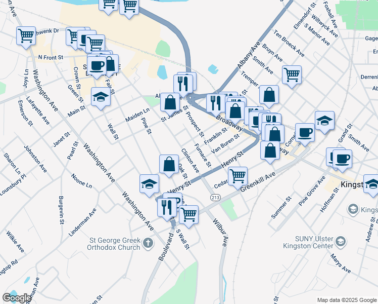 map of restaurants, bars, coffee shops, grocery stores, and more near 89 Franklin Street in Kingston