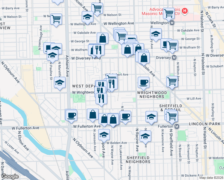 map of restaurants, bars, coffee shops, grocery stores, and more near 2620 North Lakewood Avenue in Chicago