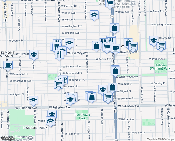 map of restaurants, bars, coffee shops, grocery stores, and more near 2654 North Lavergne Avenue in Chicago