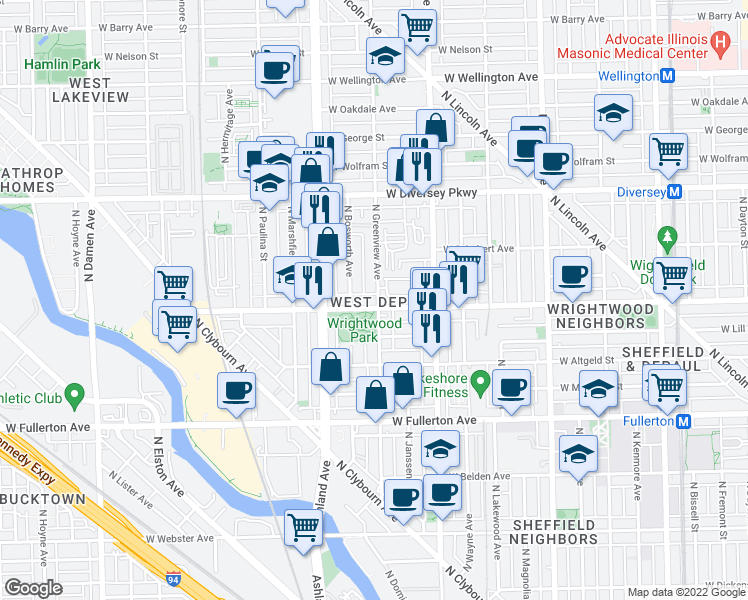 map of restaurants, bars, coffee shops, grocery stores, and more near 2622 North Greenview Avenue in Chicago