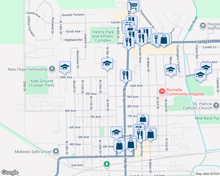 map of restaurants, bars, coffee shops, grocery stores, and more near 1004 North 9th Street in Rochelle