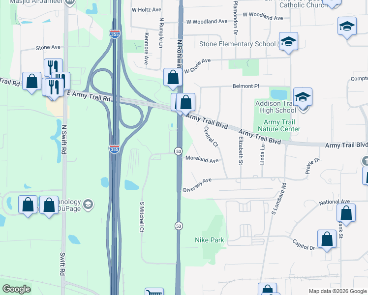 map of restaurants, bars, coffee shops, grocery stores, and more near 3N545 Rohlwing Road in Addison