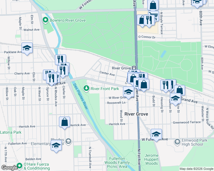 map of restaurants, bars, coffee shops, grocery stores, and more near 8550 Grand Avenue in River Grove
