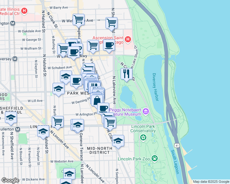 map of restaurants, bars, coffee shops, grocery stores, and more near 2520 North Stockton Drive in Chicago