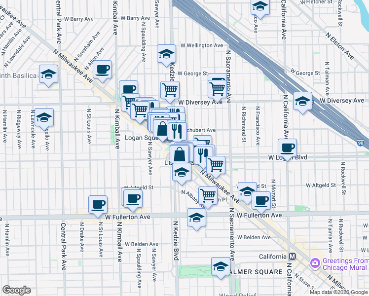 map of restaurants, bars, coffee shops, grocery stores, and more near 2628 North Troy Street in Chicago