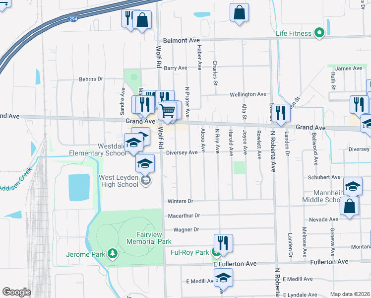 map of restaurants, bars, coffee shops, grocery stores, and more near 909 North Prater Avenue in Melrose Park