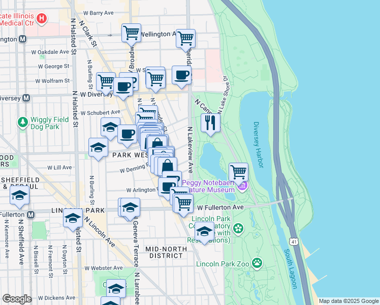 map of restaurants, bars, coffee shops, grocery stores, and more near 2520 North Stockton Drive in Chicago
