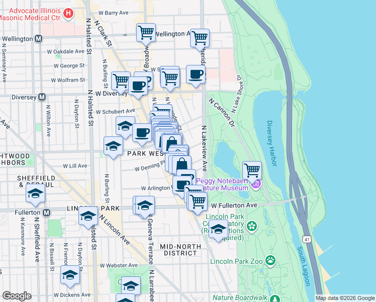 map of restaurants, bars, coffee shops, grocery stores, and more near 432 West Deming Place in Chicago