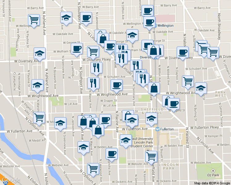 map of restaurants, bars, coffee shops, grocery stores, and more near 2615 North Racine Avenue in Chicago