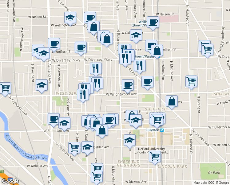 map of restaurants, bars, coffee shops, grocery stores, and more near 2618 North Magnolia Avenue in Chicago