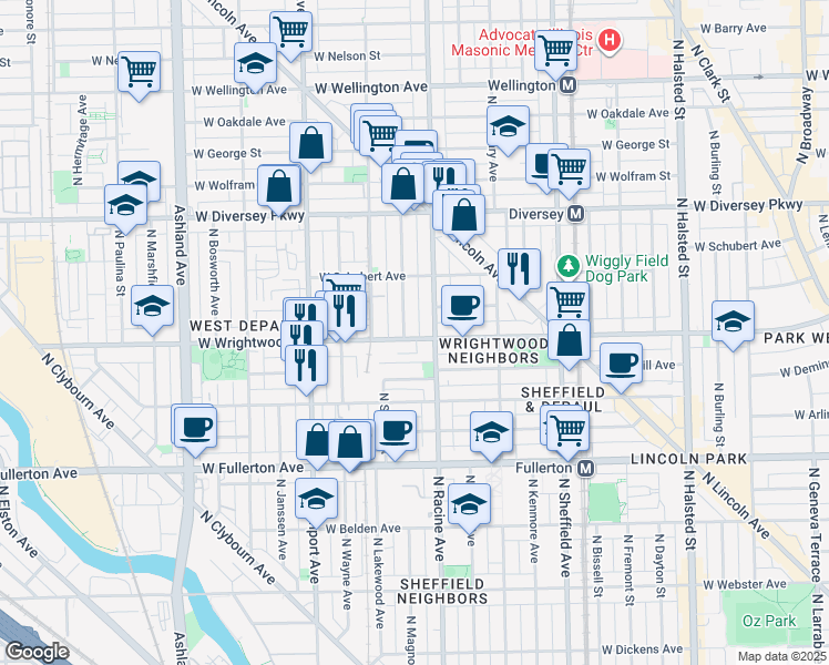 map of restaurants, bars, coffee shops, grocery stores, and more near 2618 North Magnolia Avenue in Chicago