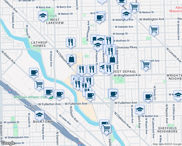 map of restaurants, bars, coffee shops, grocery stores, and more near 2630 North Hermitage Avenue in Chicago