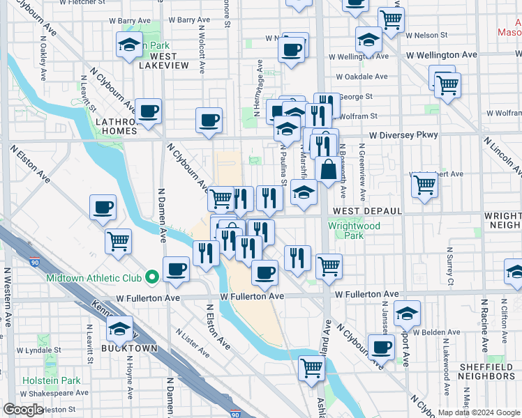 map of restaurants, bars, coffee shops, grocery stores, and more near 2630 North Hermitage Avenue in Chicago