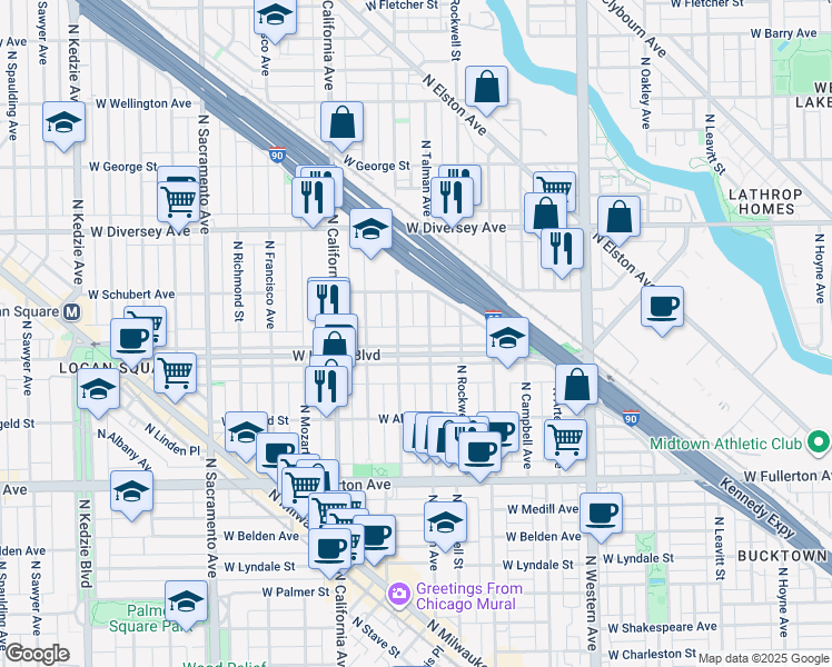 map of restaurants, bars, coffee shops, grocery stores, and more near 2626 North Talman Avenue in Chicago