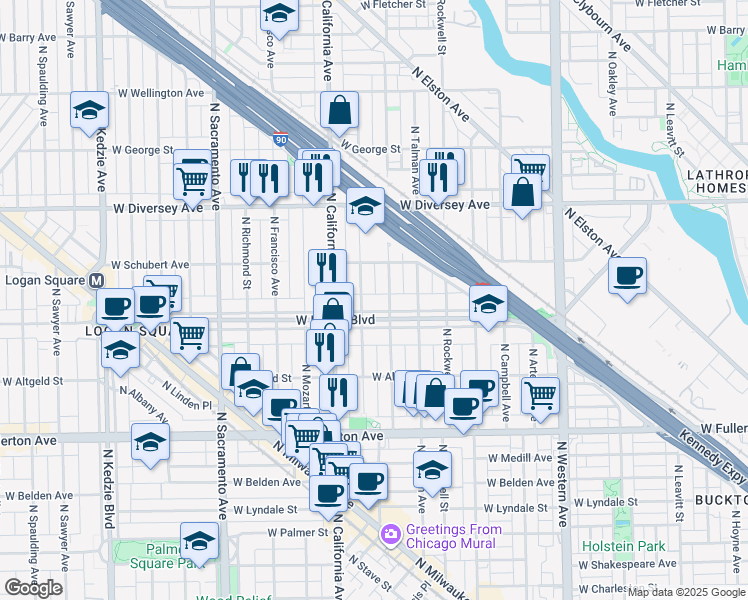 map of restaurants, bars, coffee shops, grocery stores, and more near 2623N North Fairfield Avenue in Chicago